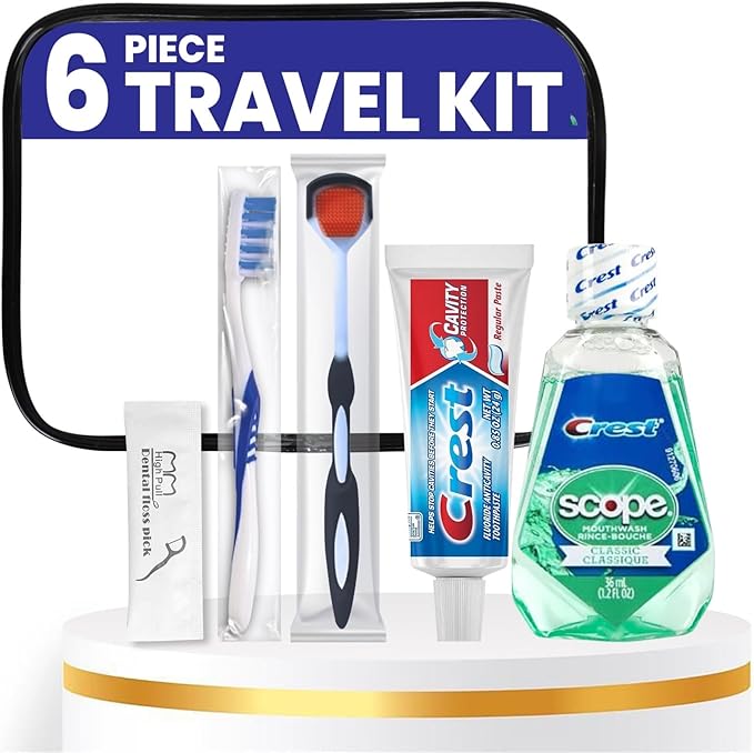 Trektote Bulk Toothpaste and Toothbrush Set- (25 Pack) 6 Piece Dental Care Kit, TSA Compliant, Includes Toothpaste, Toothbrush, Mouthwash, Flosses and Premium Toiletry Bag