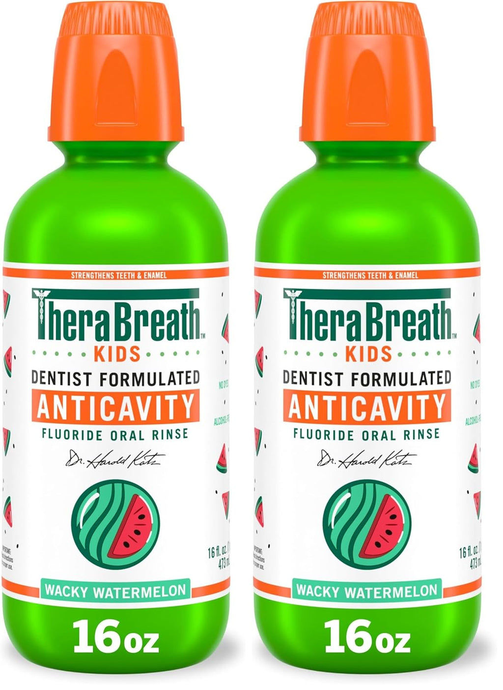 TheraBreath Kids Organic Wacky Watermelon Mouthwash with Fluoride, Anticavity, Dentist Formulated, 16 Fl Oz (Pack of 2)
