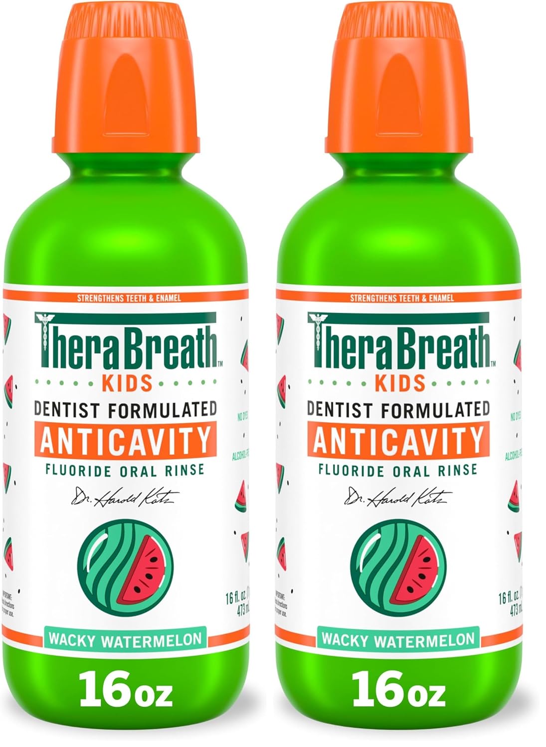 TheraBreath Kids Organic Wacky Watermelon Mouthwash with Fluoride, Anticavity, Dentist Formulated, 16 Fl Oz (Pack of 2)