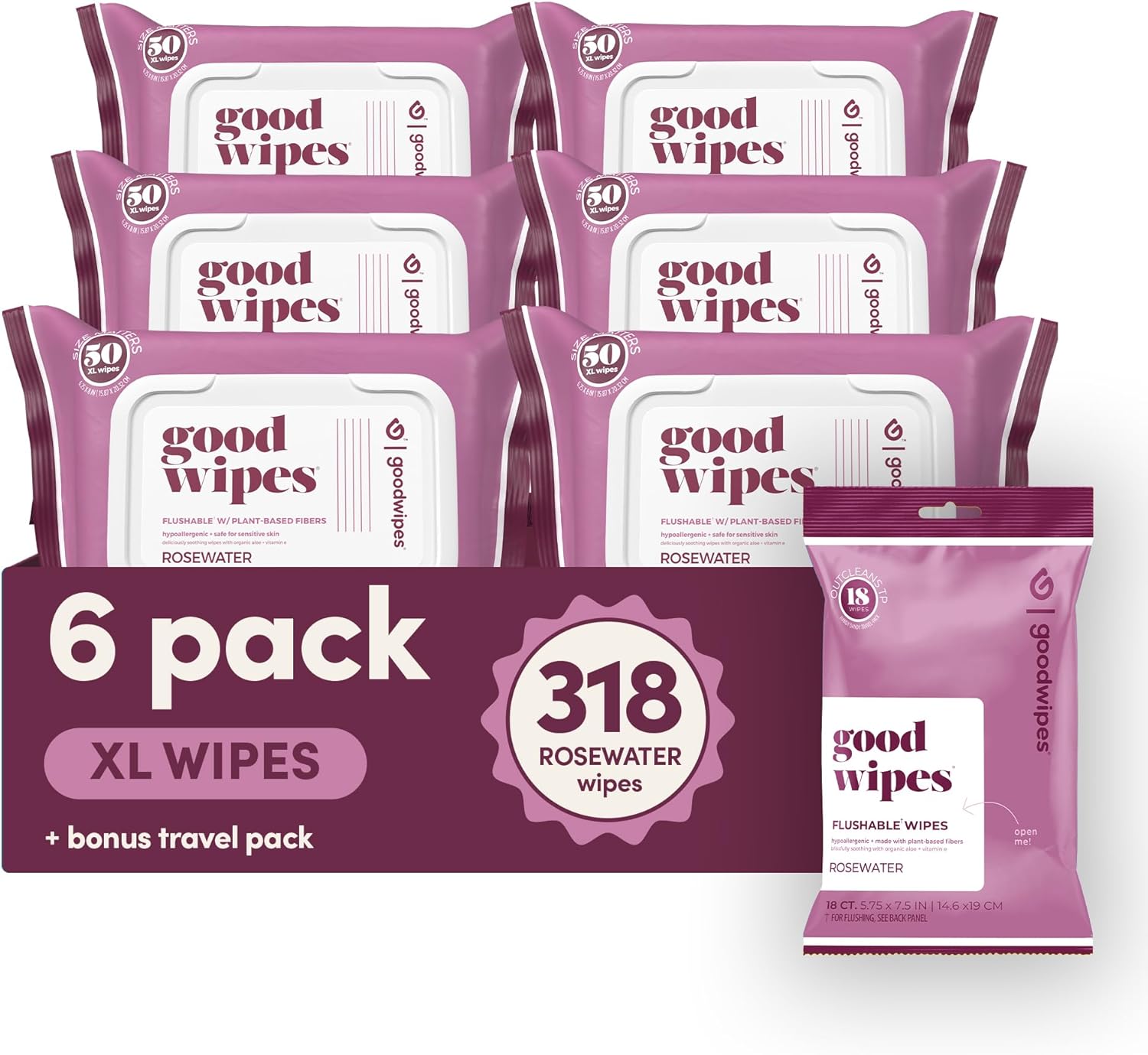 goodwipes Flushable Butt Wipes - Vitamin E & Aloe - Sewer & Septic Safe - Extra Large Adult Wet Wipes For Women & Men - Bathroom Essentials - Rosewater, 318 Count (6 Packs + 1 Travel)