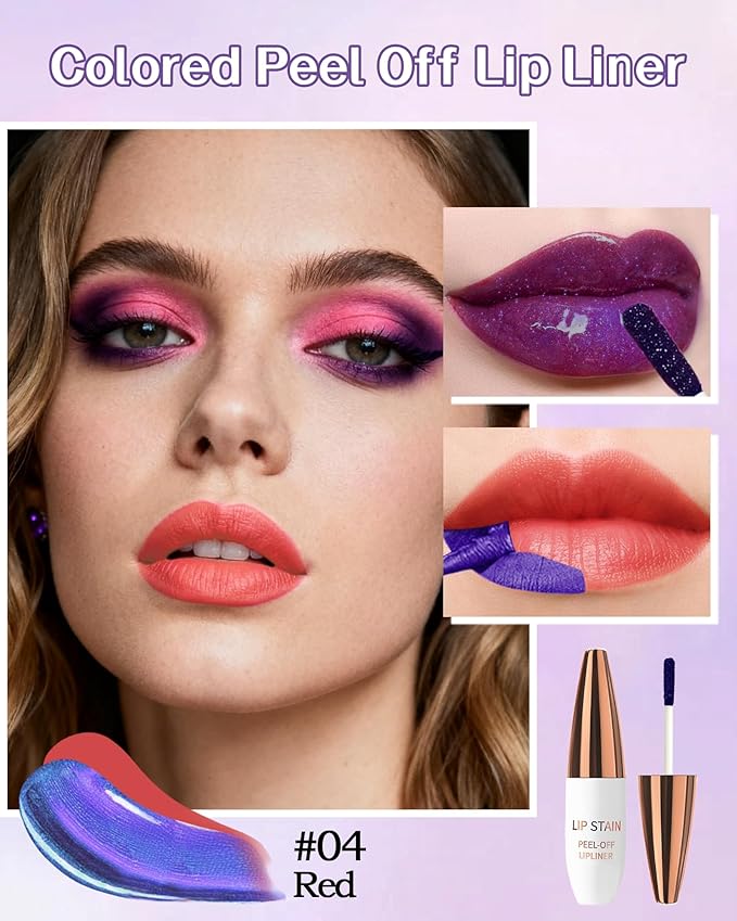 Lip Stain Peel Off, Waterproof Long Lasting Qiciy Tattoo Lip Gloss Color Peel Off Lips Tint Stain, Transfer-Proof Matte Tinted Lips Liner, High Pigmented Tattoo Lipstick Makeup Gifts for Women-04 Red