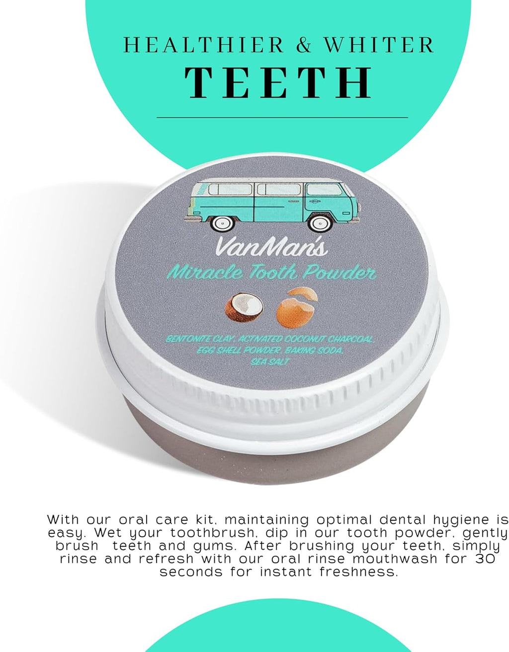 Vanman's - Tiny Miracle Eggshell Tooth Powder - Fluoride-Free Whitening with Coconut Charcoal & Eggshell Powder - Remineralizing - 0.25 oz