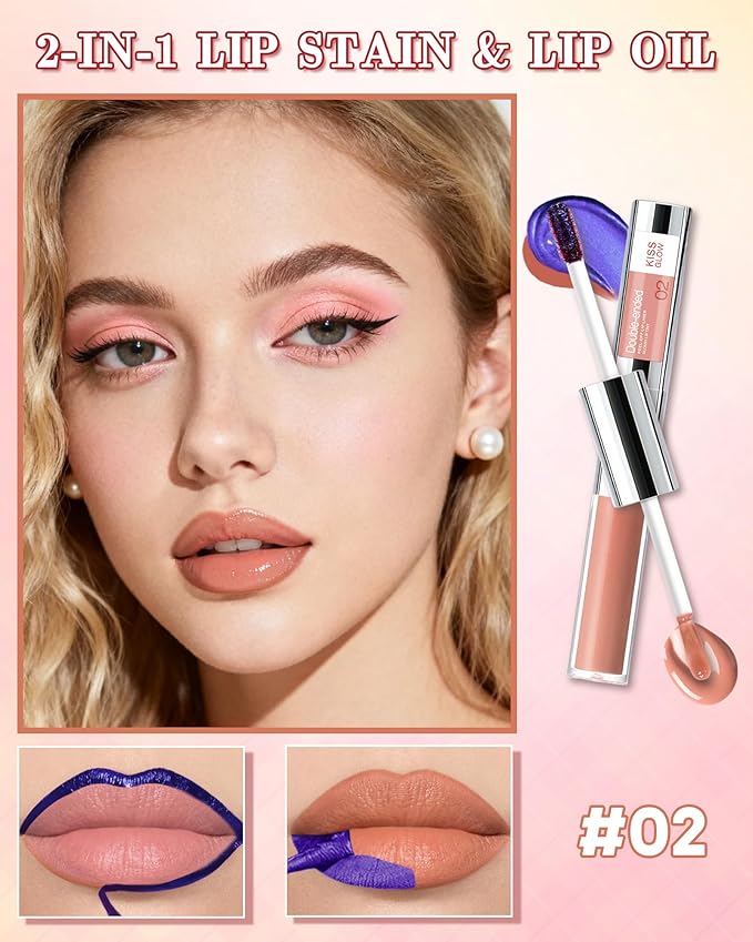 Dual Ended 2 in 1 Peel Off Lip Stain & Lips Gloss Kit, Waterproof Long Lasting Qiciy Tattoo Lip Gloss Color Peel Off Lips Liner, Tinted Liquid Lipstick, Matte & Glossy Womens Makeup-02 Warm Orange