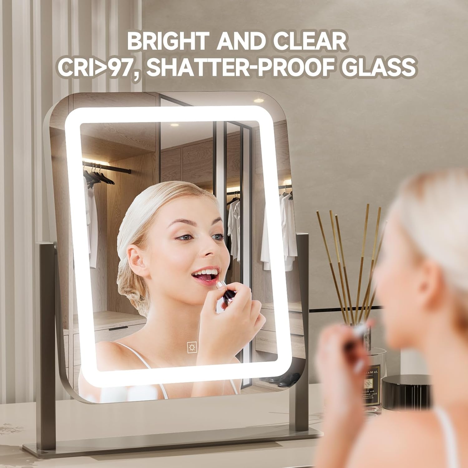 PRIMETEK Vanity Mirror with Lights, 16"x14" Large LED Lighted Makeup Mirror, Hollywood Makeup Mirror, Touch Screen, 3-Color Lighting, 5X Magnification, for Vanity Desk Tabletop, Bedroom, Black