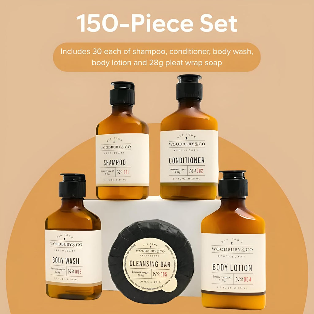WOODBURY & CO Travel Size Shampoo Conditioner Body Wash Lotion & Soap (150 PK, 1.7 oz each), Guest Bathroom Essentials Toiletries Airbnb Bulk Mini Sets Hygiene Kits Paraben Free Air Bnb Toiletry