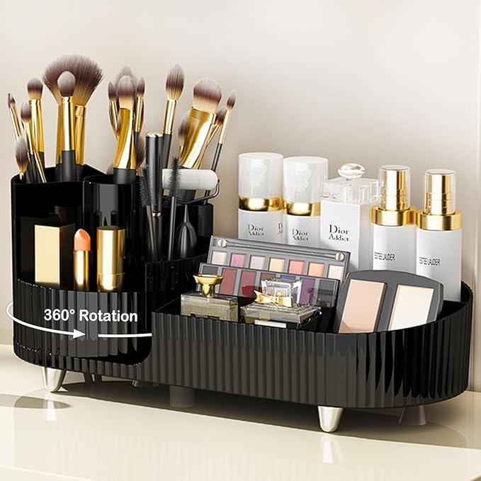 Rotating Makeup Organizer for Vanity with Brush Holder, Cosmetic Makeup Storage Organizer, Large Spinning Makeup Skincare Organizer, Countertop Makeup Perfume Organizer, Lotions Display Case (Black)