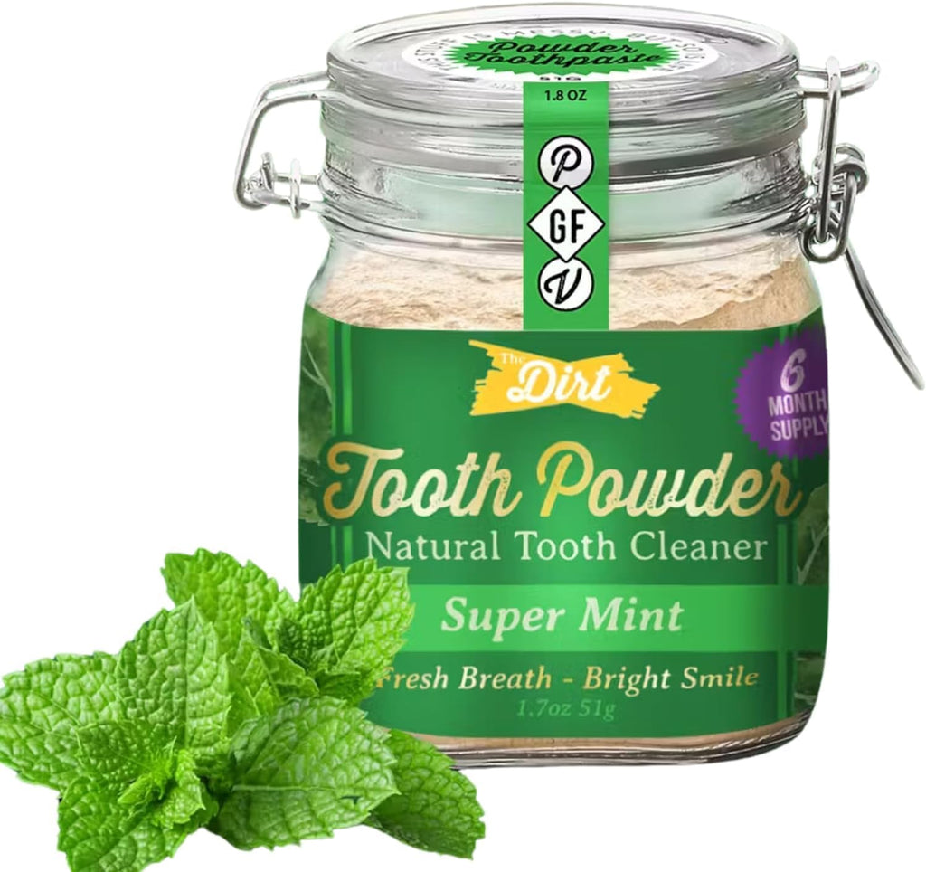 The Dirt - Remineralizing Tooth Powder, Natural Fluoride-Free Teeth Whitening Powder with Hydroxyapatite, Flouride & Gluten Free, Organic Vegan (Super Mint, 51g: 6 Month Supply)