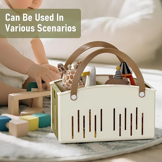 Delamu Portable Shower Basket Caddy with Double Handle Foldable Dry Wet Separation Design 11.0 × 7.1 × 6.5in, Travel, Camping, Gym, College Bathroom Tote, WhiteGreen, Ideal Christmas Gifts for Girls