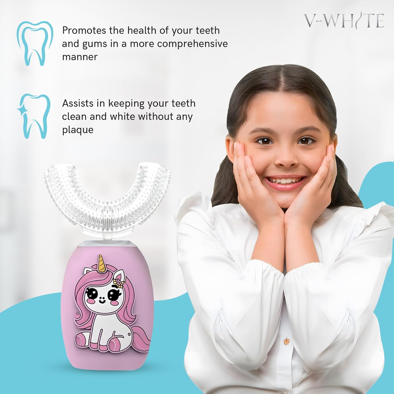 V-WHITE Electric Toothbrush Kids- Ultrasonic U-Shaped Toothbrushes for Teeth Whitening - 360° Mouth Cleansing, Hands Free Gums Protection - Wireless Charging & LED Light - Waterproof IPX7 Certified