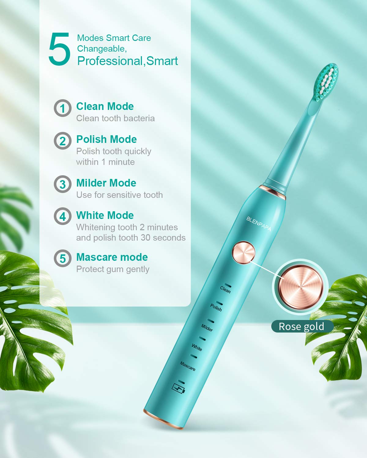 USB Rechargeable Sonic Electric Toothbrush for Adults Powered Motor Soft Dupont Brush Heads 2 Minutes Timer 5 Modes Teeth Whitening, Green