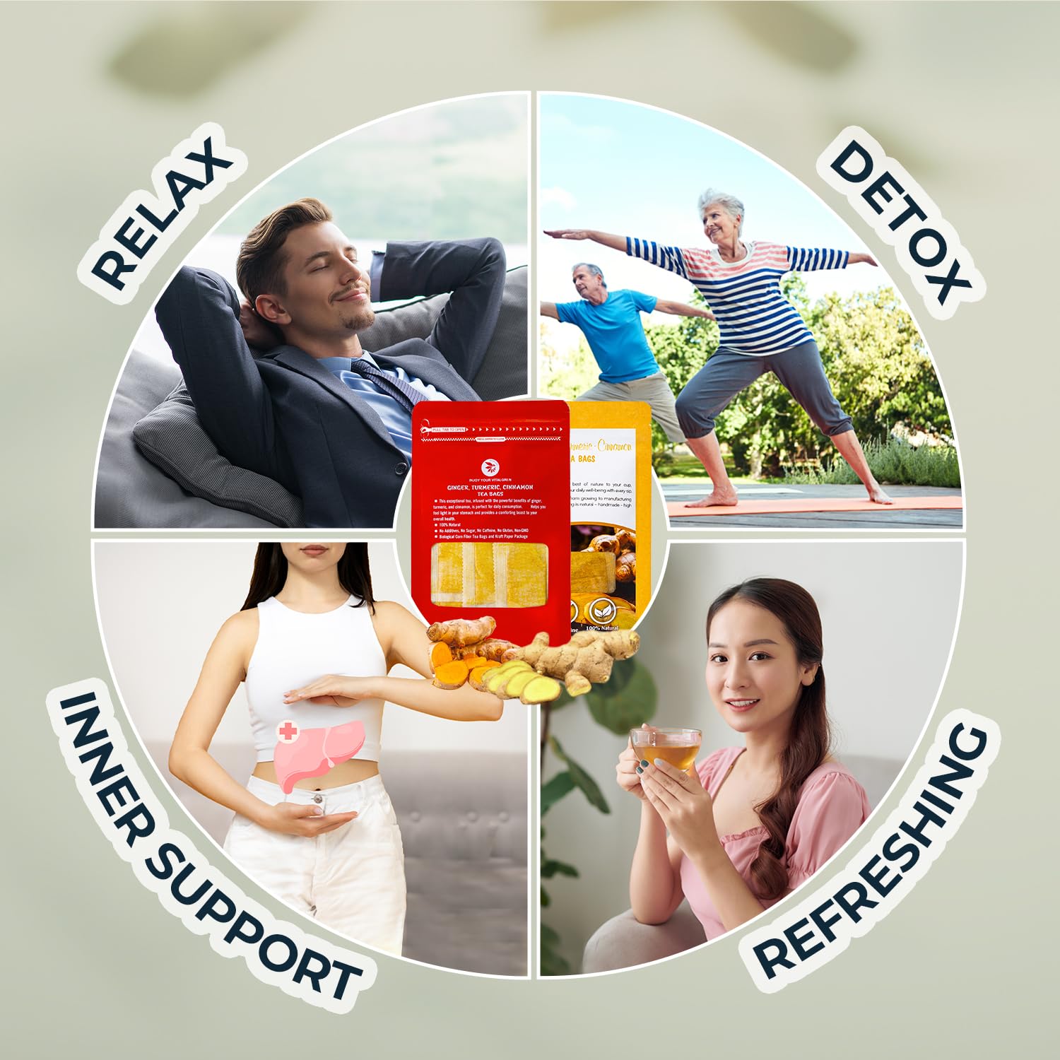 Ginger Cinnamon Turmeric Tea Samplers - 15 Count, Mini Tea Bags, Bamboo Tong Included, Re-Steep Corn Based Tea Bags, No Sugar Added, Natural Herbal Tea for Body Warm, Relax, Refreshing