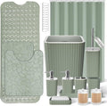 26PC Bathroom Accessories Set - Gorgeous Bathroom Set, Sage Green Bathroom Accessory Set, Shower Curtain Set with Bathtub Mats for Shower Tub, Trash Can & Soap Dispenser