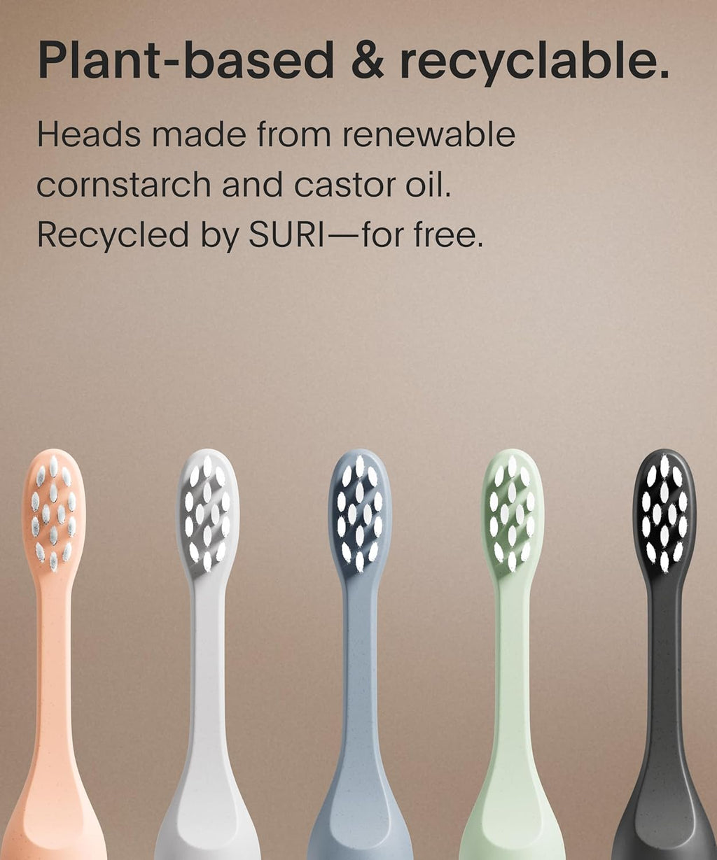 Suri Recyclable Plant-Based, Electric Toothbrush Heads - Built-in Tongue Scraper, Long Lasting Replacement Heads | Compatible Only with Suri Sonic Electric Toothbrush - Morning Waves, Pack of 3