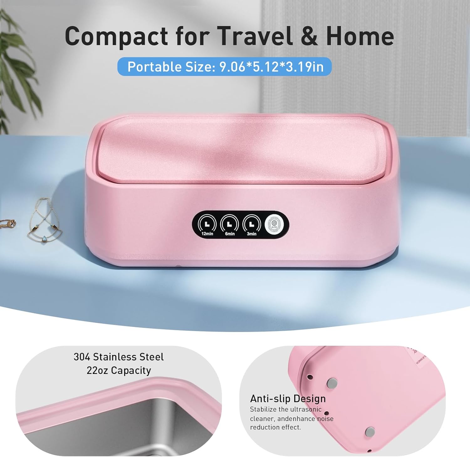 WINTERCRUSH Ultrasonic Retainer Cleaner for Tooth: 50KHz Jewelry Cleaner Deep Cleaning Machine - 650ML Dental Cleaning Pod for Dentures/Mouth Guards/Eyeglasses-3 Timers -Stainless Steel- Pink