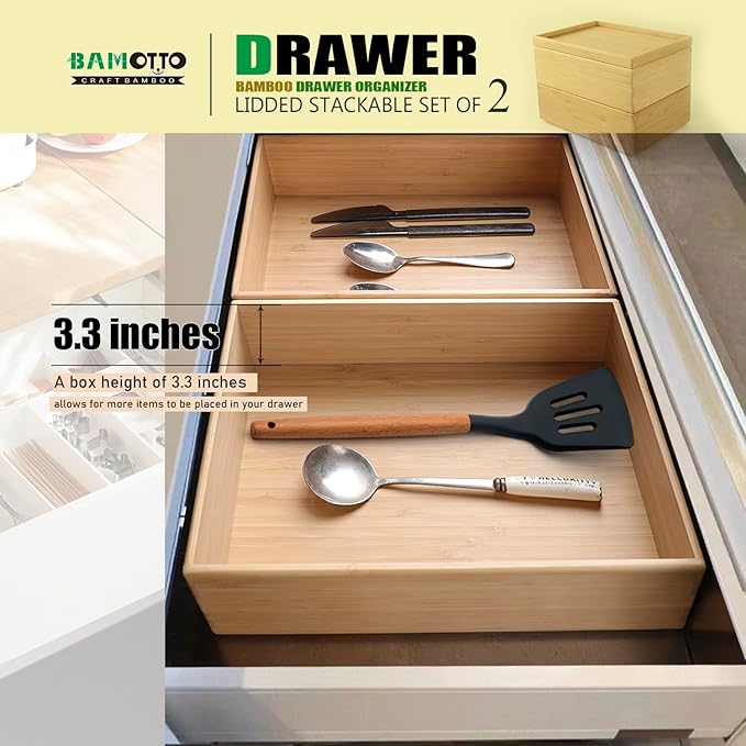 Stackable Bamboo Drawer Organizer Set – 2 Boxes with 1 Lid | Wood-Laminated Trays for Kitchen Utensils, Silverware & Flatware – Storage Fits Cabinets, Pantry, Bathroom & Office | 10.2"x7.3" (2-Pack)