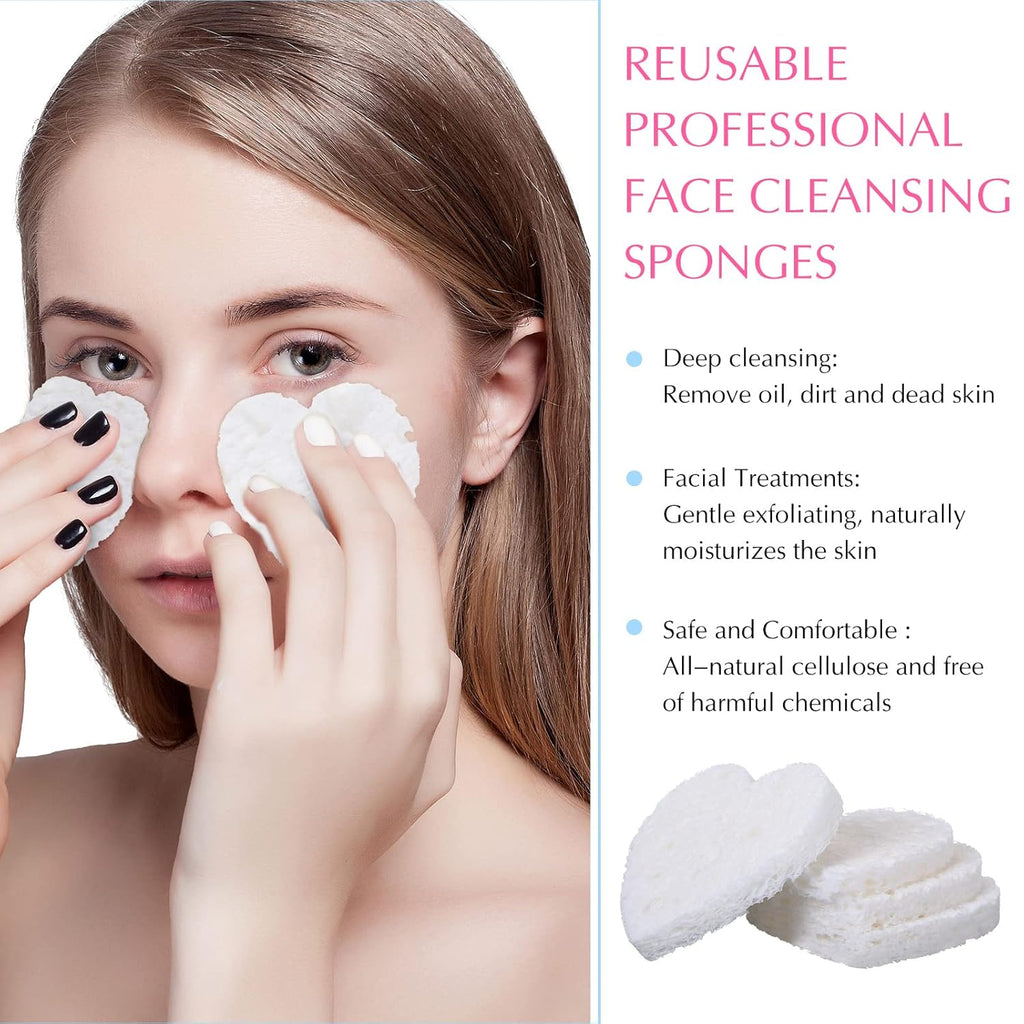 Nuenen 60 Pieces Facial Sponges with Container, Heart Shape Compressed Face Sponges Natural Cleaning Pads for Washing Face Cleaning Exfoliating Esthetician Makeup Removal(White)