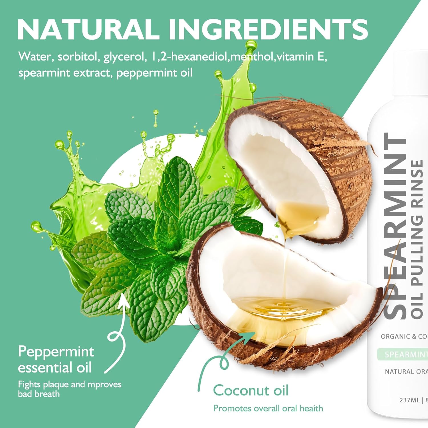 Spearmint Oil Pulling Rinse, Cold-Pressed Coconut Mouthwash for Teeth Whitening, Natural Peppermint Pulling Oil, for Breathe Mouth,Gentle Deeply Cleans (8FLOZ)