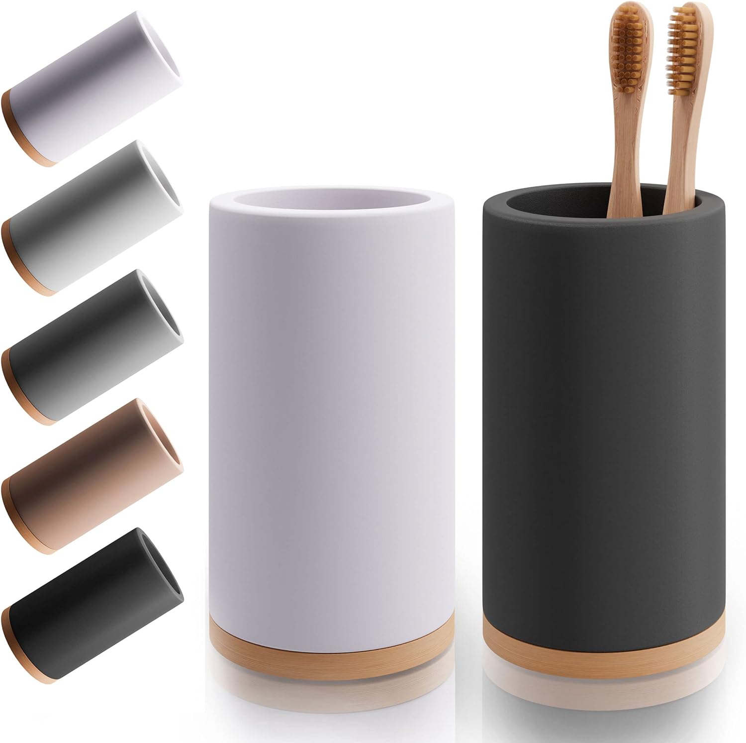 Matani Bamboo Toothbrush Holder Diatomite Tooth Brush Organizer - Storage Stand for Small Bathroom & Counter - Removable Base & Drain Holes, Water-Absorbent & Quick-Drying (Off White & Black)