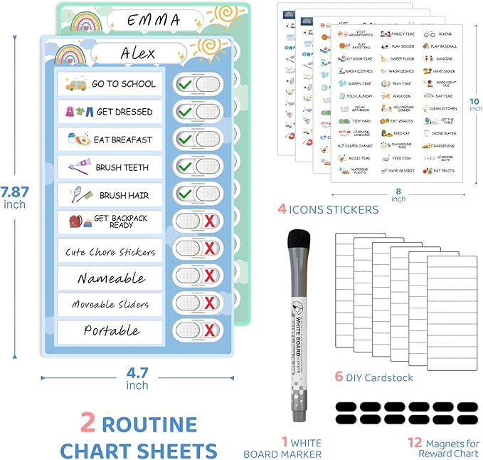 2 in 1 Namable Chore Chart for Kids, Dry Erase Morning/Bedtime Routine Chart for Kids for Refrigerator, Magnetic Visual Schedule for Kids Toddlers to Do List Checklist for Multiple Kids