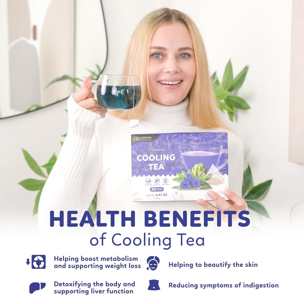 Indochine Blends Cooling Tea | Oolong, Artichoke, Butterfly Pea & Peppermint | Sugar-Free, Caffeine-Free Herbal Tea | Vibrant Blue | Herbal Tea for Relaxation | 4.4 oz | 50 Corn-Fiber Pyramid Bags