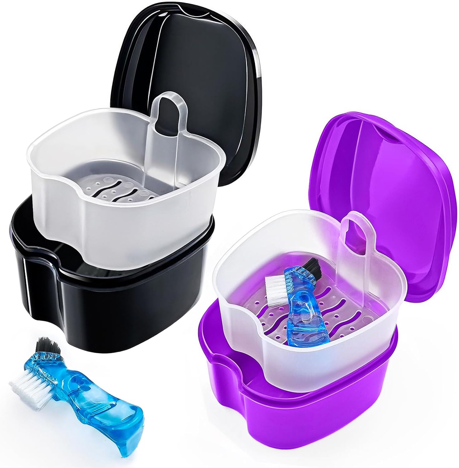 2 Pack Travel Denture Bath Case Set Orthodontic Dental Box Case with Brush, Denture Soaking Cup False Teeth Retainer Container for Clear Braces, Mouth Guard, Night Guard