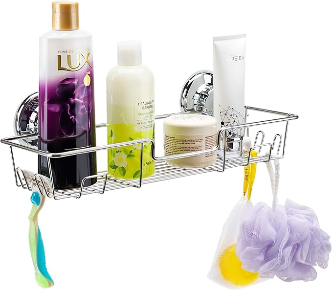 iPEGTOP Strong Suction Cup Adhesive Shower Caddy Bath Shelf Storage with Hooks, Combo Organizer Basket for Shampoo, Conditioner, Soap, Razor Bathroom Accessories - Rustproof Stainless Steel