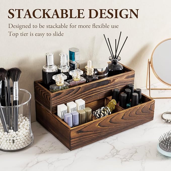 MyGift Counter Storage Organizer, 2 Tier Rustic Burnt Solid Wood Stackable Modular Vanity Countertop Storage Organizer Trays, Decorative Bathroom Makeup Cosmetic Box, 2 Piece Set