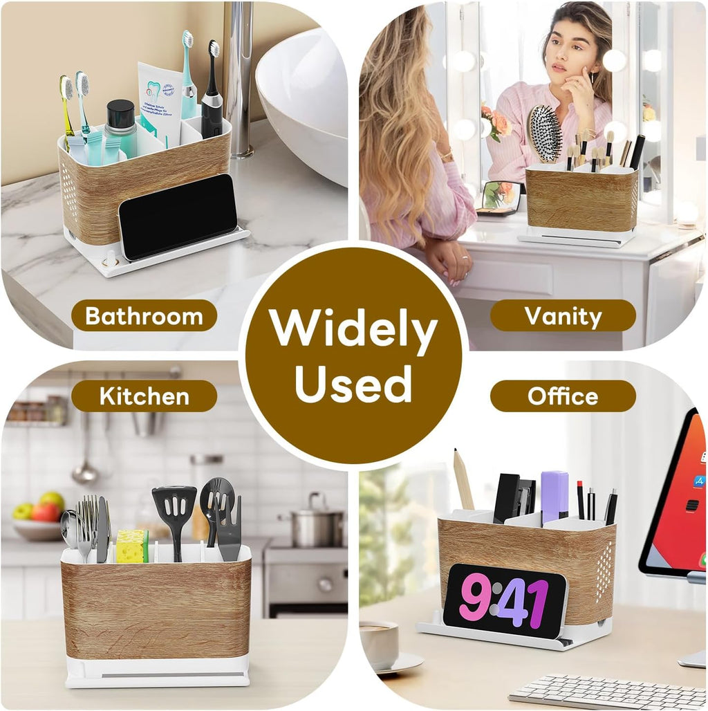 Bathroom Organizers and Storage 6 Slots Wood Grain Electric Toothbrush Holders with Phone Holder and Adjustable Dividers, Cord-Friendly Toothbrush Organizer with Drainage for Family, Kids