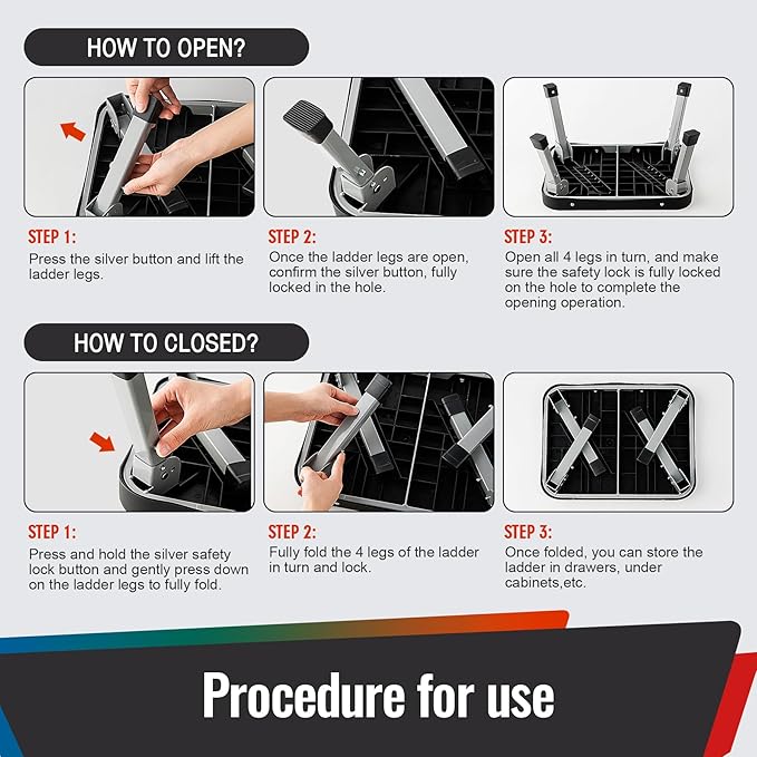 11" Folding Step Stool, Non-Slip 16x12 Large Platform, Portable Compact Sturdy 1-Step Stools for Kids Adults Seniors at Indoor Outdoor - Durable & Safe (11 inch, Black)