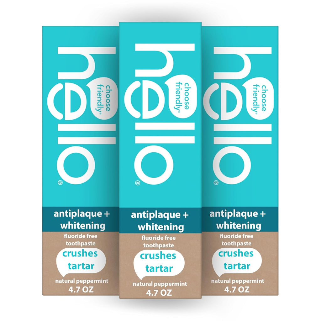 hello Antiplaque and Whitening Fluoride Free Toothpaste, Whitening Toothpaste with Coconut Oil and Tea Tree Oil, Helps Whiten Teeth, Natural Peppermint, 3 Pack, 4.7 Oz Tubes