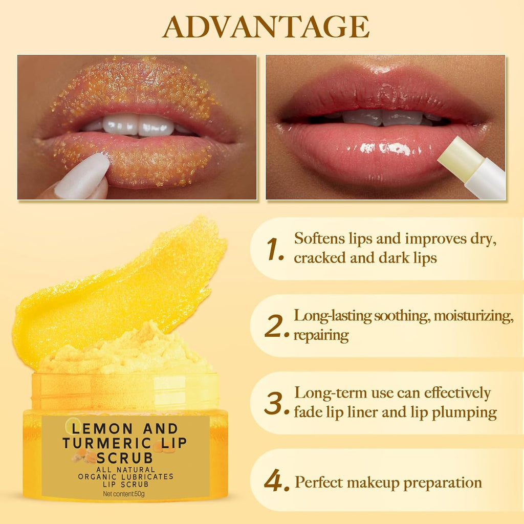 3PCS Turmeric Lemon Lip scrub and Turmeric Lip Balm with Brush Set, Lip Scrubber Exfoliator, Dark Lips Treatment for Smokers, Natural Exfoliator & Moisturizer Cracked, Dull, Reduce Fine Lines Lips