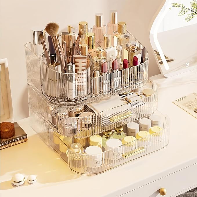 Makeup Organizer with Drawers and 360° Rotating Brush Holder, Large Capacity Cosmetic Storage for Vanity, Skincare, Perfume, Hair Accessories, Lipstick & Jewelry (Clear, 3-layer)