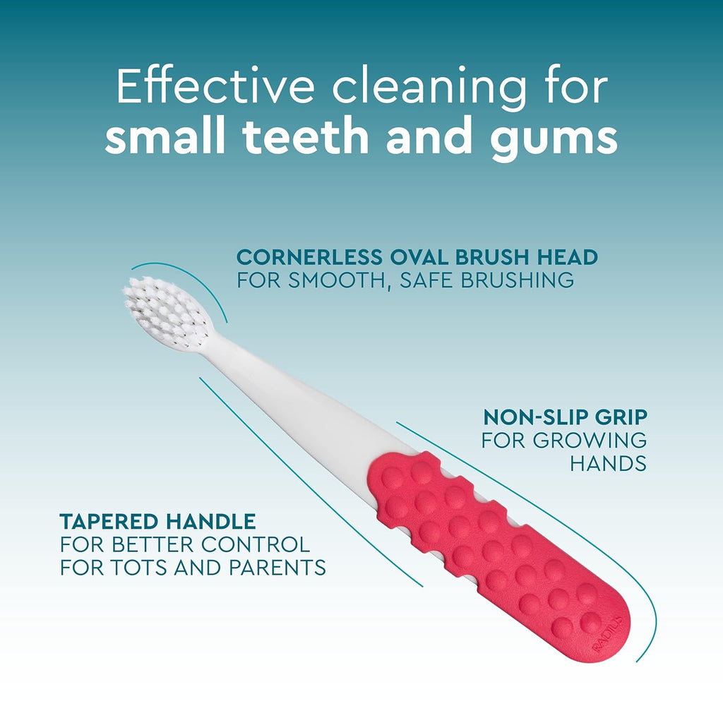 RADIUS Children's Toothbrush, Totz Plus Brush, Extra Soft Bristles, White & Coral/Mint & Grey/Grey & Purple, BPA Free ADA Accepted, for Delicate Teeth & Gums for Children 3 Years & Up, Pack of 3