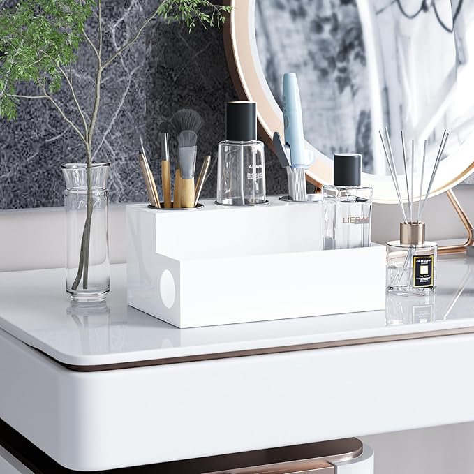 White Hair Tool Organizer Acrylic Hair Dryer and Styling Holder, Bathroom Countertop Blow Dryer Holder, Vanity Caddy Storage Stand for Accessories, Makeup, Toiletries