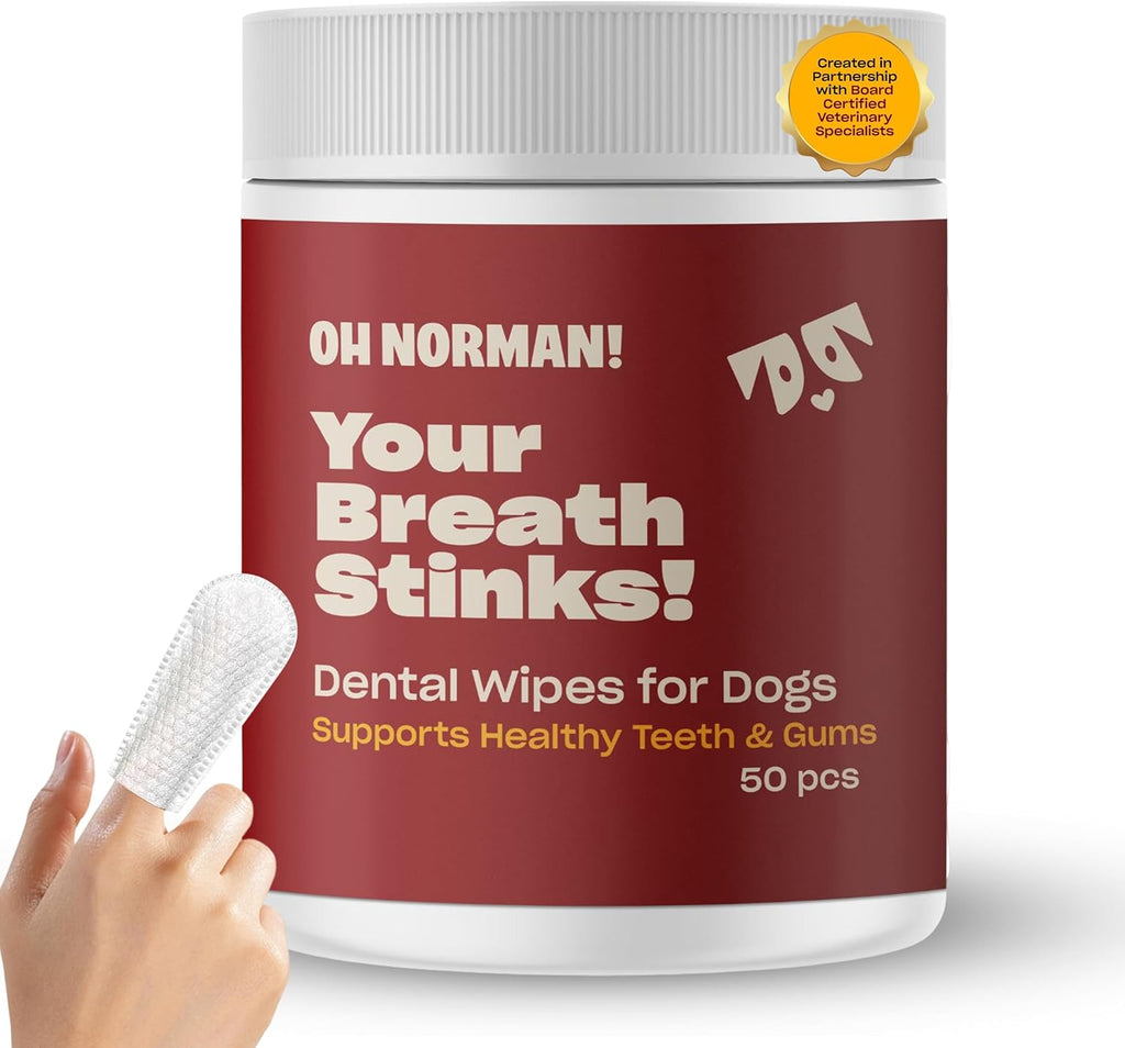 OH NORMAN! Dog Dental Wipes - Vet-Approved Pet Dental Finger Wipes for Oral Hygiene & Fresh Breath - Alternative to Finger Toothbrush for Dogs - No Fuss Dog Cleaning Supplies for Daily Use - 50 pcs