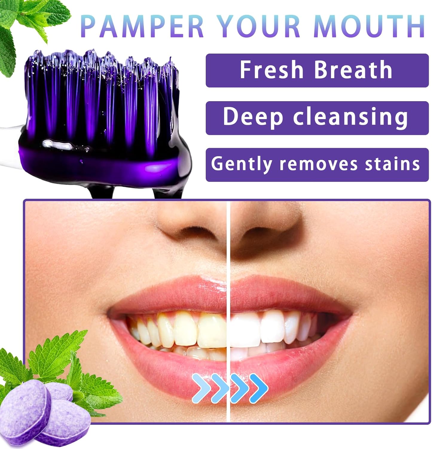 Purple Toothpaste and 30PCS Toothpaste Tablets Kit,Deep Cleaning Purple Colour Corrector,Chewable Tooth Paste Tablets for Sensitive Teeth,Travel Size Tooth Care Products Kit for All People