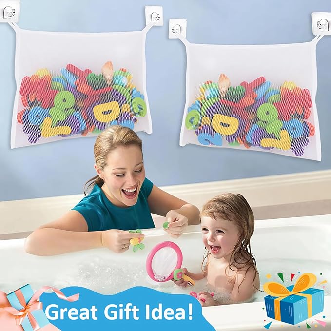2 x Bath Toy Net, Kids Bath Tub Toy Holder Basket, Corner Mesh Bag, Baby Bathtub Storage Organizer, Large Bathroom Bucket, Toddler Shower Caddy Hanging Bin with 6 Suction Cups, 4 Adhesive Wall Hooks