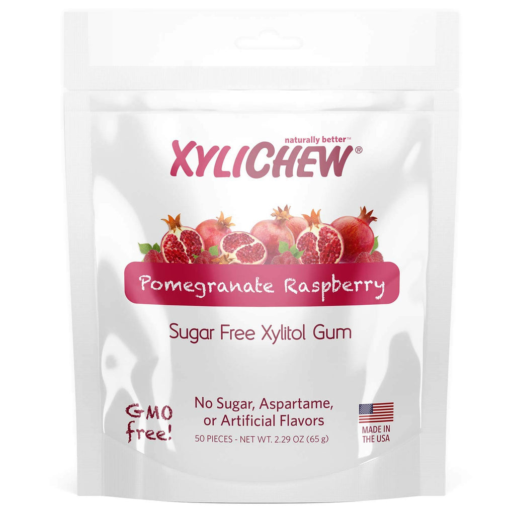 Xylichew 100% Xylitol Chewing Gum - Non GMO, Non Aspartame, Gluten Free, and Sugar Free Gum - Natural Oral Care, Relieves Bad Breath and Dry Mouth - Pomegranate Raspberry, 50 Count