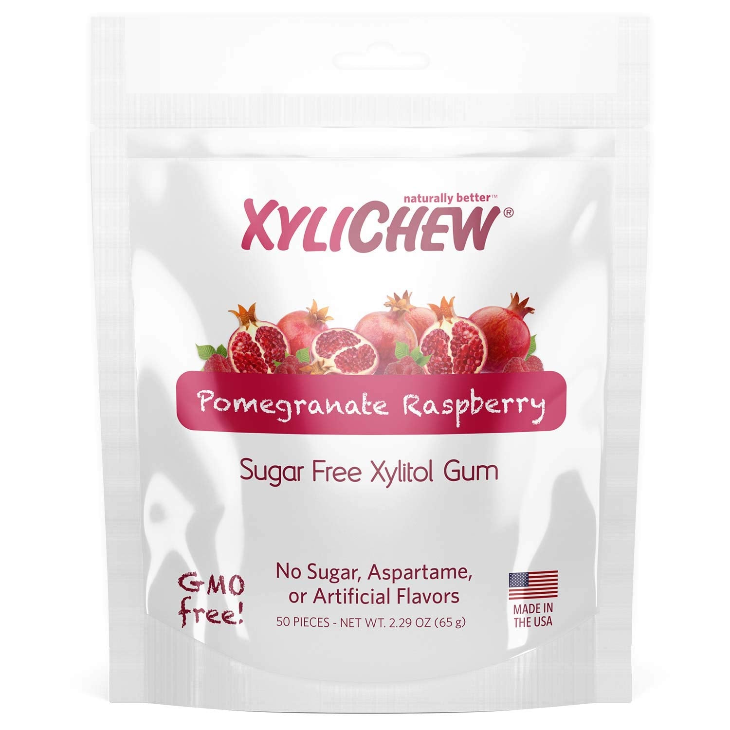 Xylichew 100% Xylitol Chewing Gum - Non GMO, Non Aspartame, Gluten Free, and Sugar Free Gum - Natural Oral Care, Relieves Bad Breath and Dry Mouth - Pomegranate Raspberry, 50 Count