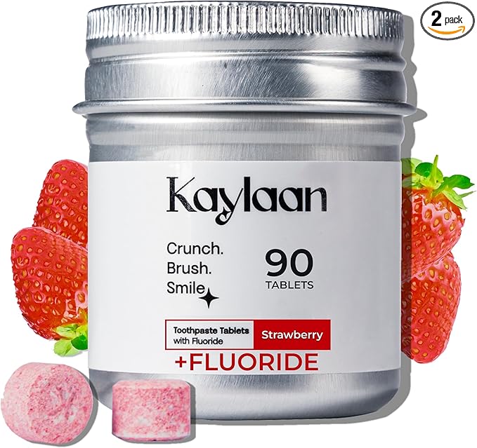Kalyaan Kids Toothpaste Tablets with Fluoride | Whitening, Sensitivity Relief & Cavity Protection | Chewable, Plastic-Free, Travel-Friendly - Strawberry, 180 Count, Made in USA