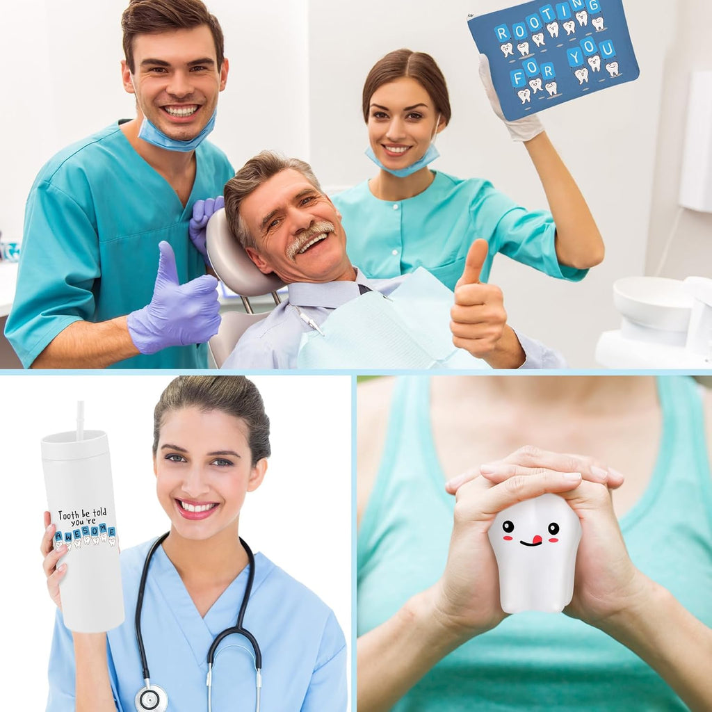 Skylety 3 Pcs Dental Hygiene Month Gifts Dental Assistant Hygienist Appreciation Gift 16oz Tumbler with Lid Cute Teeth Makeup Bag Stress Toy Employee Thank You Dentist Coworker Nurse Student(White)