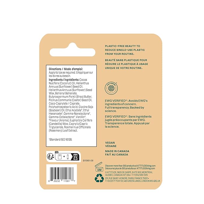 ATTITUDE Lip Balm, Natural Origin, Nourishes & Protects, Shea Butter, Coconut & Castor Oils, EWG Verified, For Dry Lips, Men and Women, Vegan, Coconut, 0.3 Oz