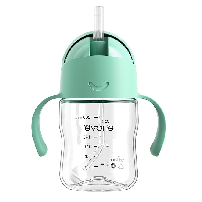 Evorie Tritan Weighted Straw Sippy Cup with Handles for Baby and Toddlers, Spill Proof Baby Water Bottle with Straw for 6 months and up, 7 Oz, Infant Training Water Bottle (Mint)