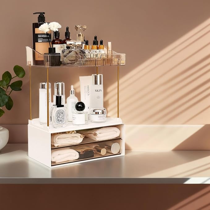 2-Tier 2-Drawer Bathroom Countertop Organizer, Multi-Purpose Makeup Organizer for Vanity, Large Skincare Countertop Organizer, Cosmetic Display Case for Dresser, Elegant Gifts for Women, Clear