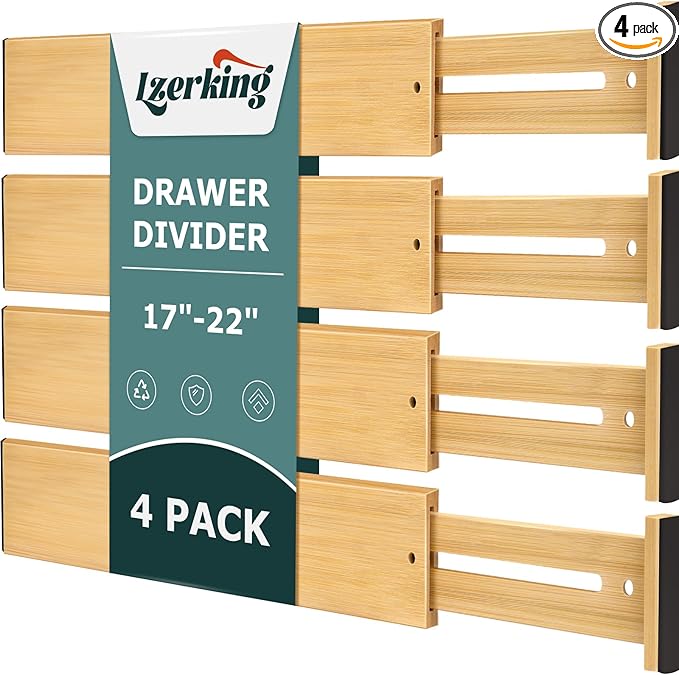 Lzerking Drawer Divider 4 Pack, Kitchen Bamboo Drawer Organizers, 17-22" Adjustable Wood Dividers for Clothes, Spring Loaded, Works in Kitchen, Dresser, Bathroom and Bedroom