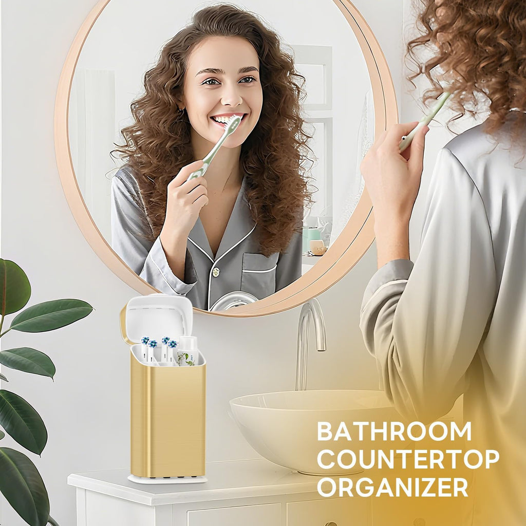 Toothbrush Holders with Cover - Electric Toothbrush Length Less Than 9 inches, 5 Slots Tooth Brush Holder for Bathroom, Detachable Toothpaste Holder Bathroom Organizers with Drainage, Gold