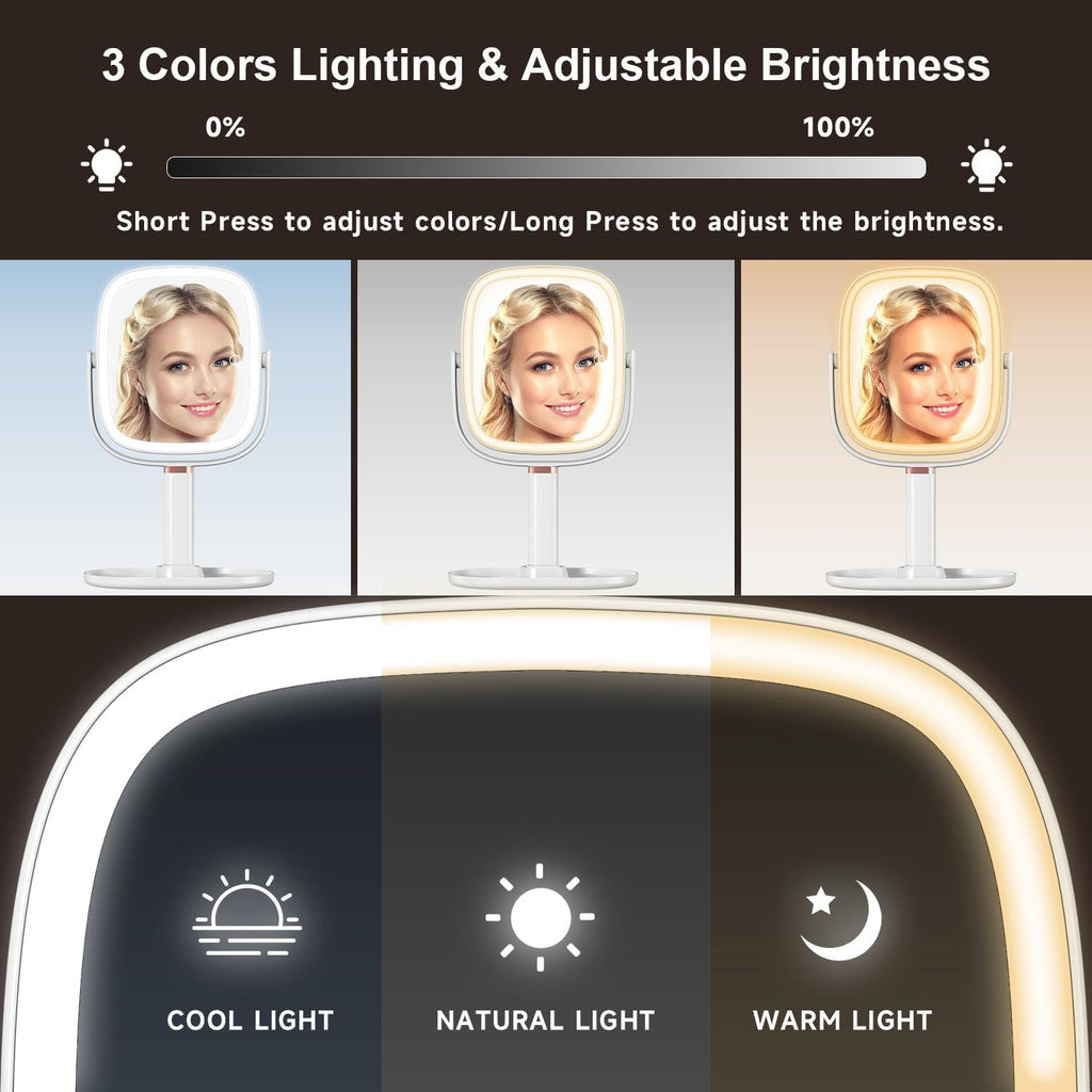 Mocado Makeup Mirror with Lights, 1X/20X Magnifying Mirror with Light, Vanity Mirror with 3 Colors Lights, Height Adjustable Lighted Makeup Mirror, Double Sided 360°Rotation, Memory Function (White)