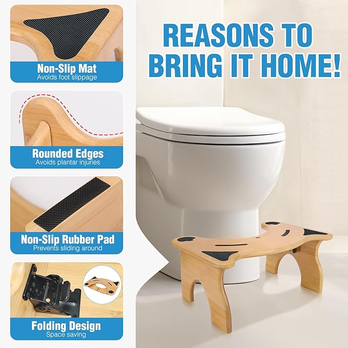 Bamboo Toilet Stool for Bathroom, 7 Inches Foldable Poop Stool with Non-Slip Pads