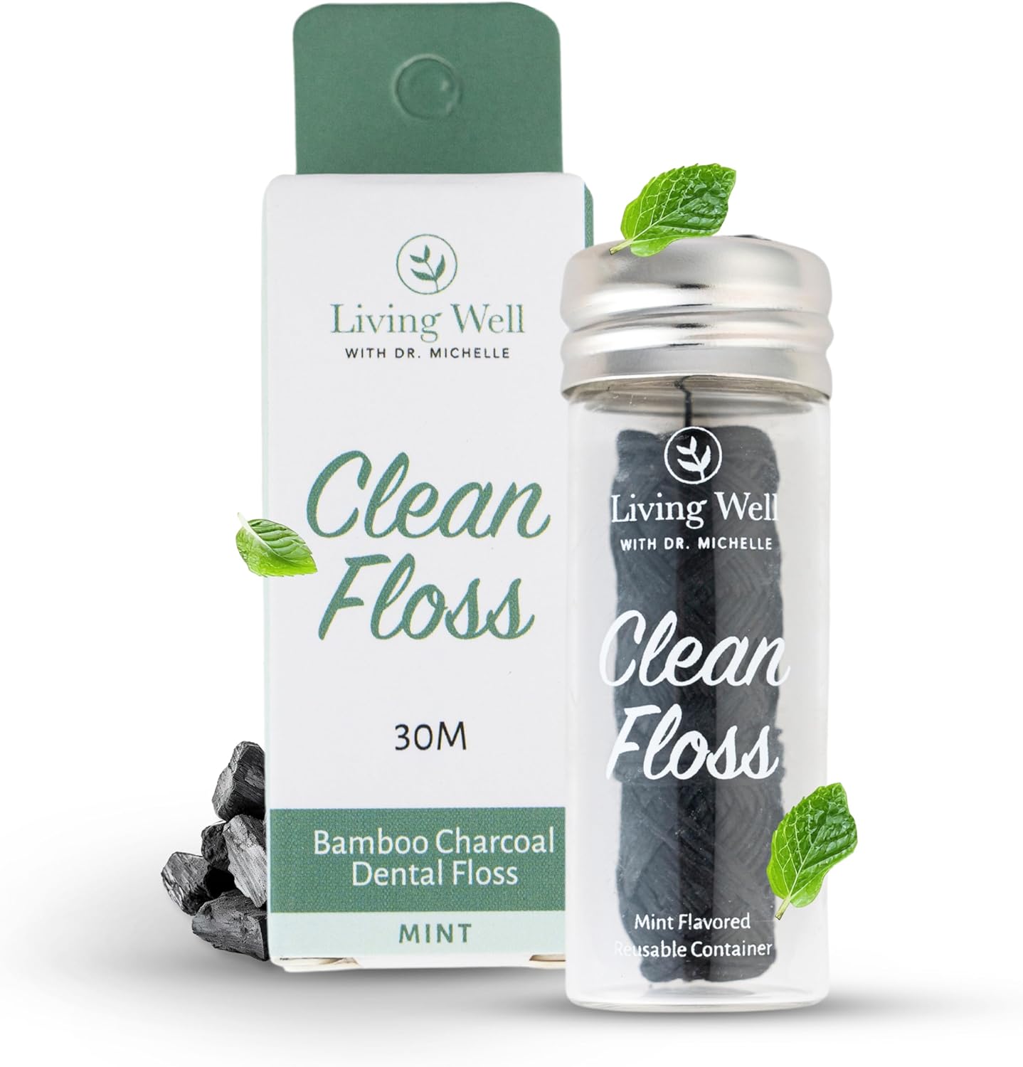Living Well Bamboo Charcoal Dental Floss – Natural, Vegan, Biodegradable, PFAS-Free – Eco-Friendly Floss with Glass Jar – Zero Waste Oral Care
