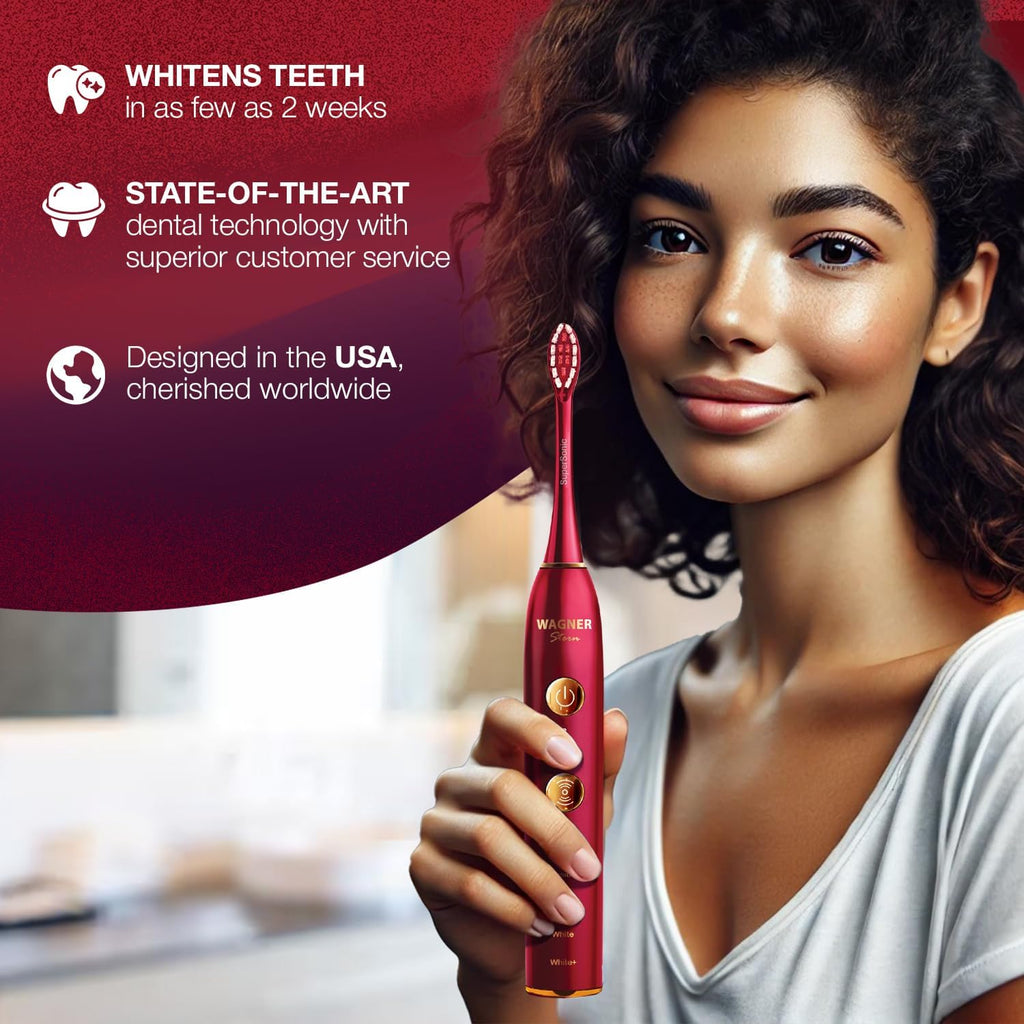 Wagner Stern WHITEN+ Edition. Whitening Electric Toothbrush with Pressure Sensor. Offers 5 Brushing Modes, 3 intensities, 8 Soft Brush Heads, and a Luxury Travel case.